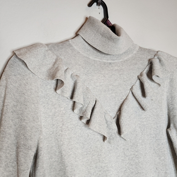 J. Crew Merino Wool Grey Turtleneck Ruffle Sweater Zip Cuffs Size Medium - Picture 3 of 16
